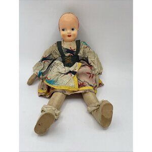 Vintage 14" Polish 1940s Sawdust Filled Rag Doll Hand Painted Composition Face